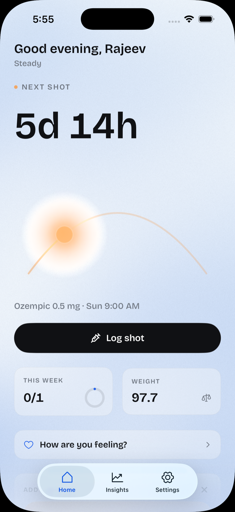 Jabful home screen showing the next dose countdown