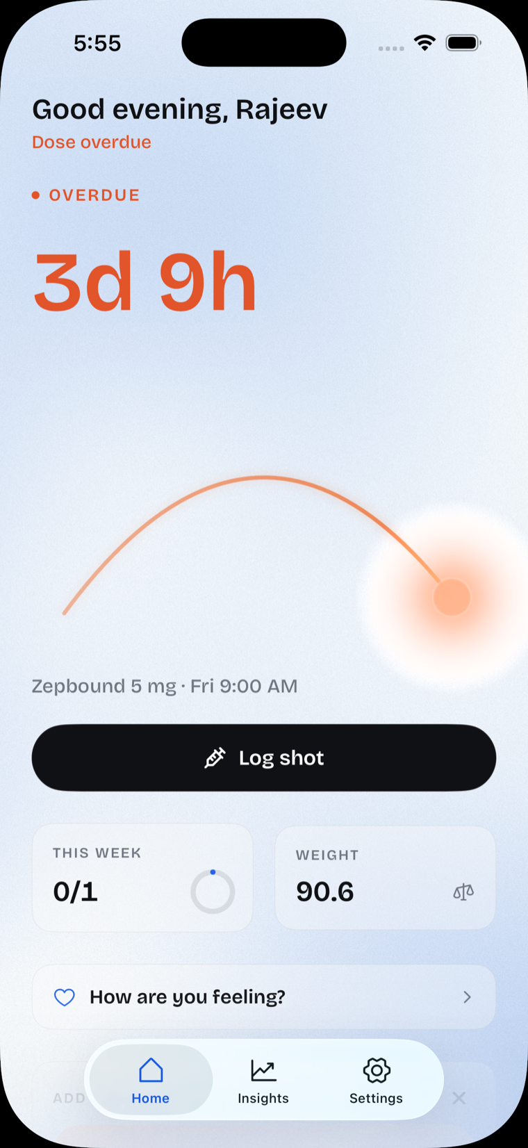 Jabful home screen showing an overdue dose with a clear prompt